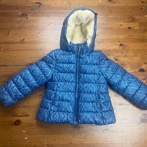 Benetton Kids 3/4 y/o Puffer Winter Jacket Size XXS Blue Quilted Hooded Faux Fur